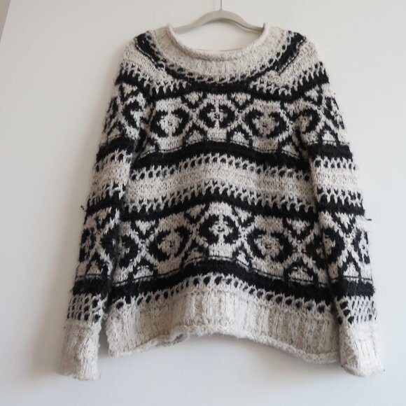 FREE PEOPLE Silver Reed Fair Isle Black White Crochet Wool Boho Sweater Sz XS - Picture 10 of 15
